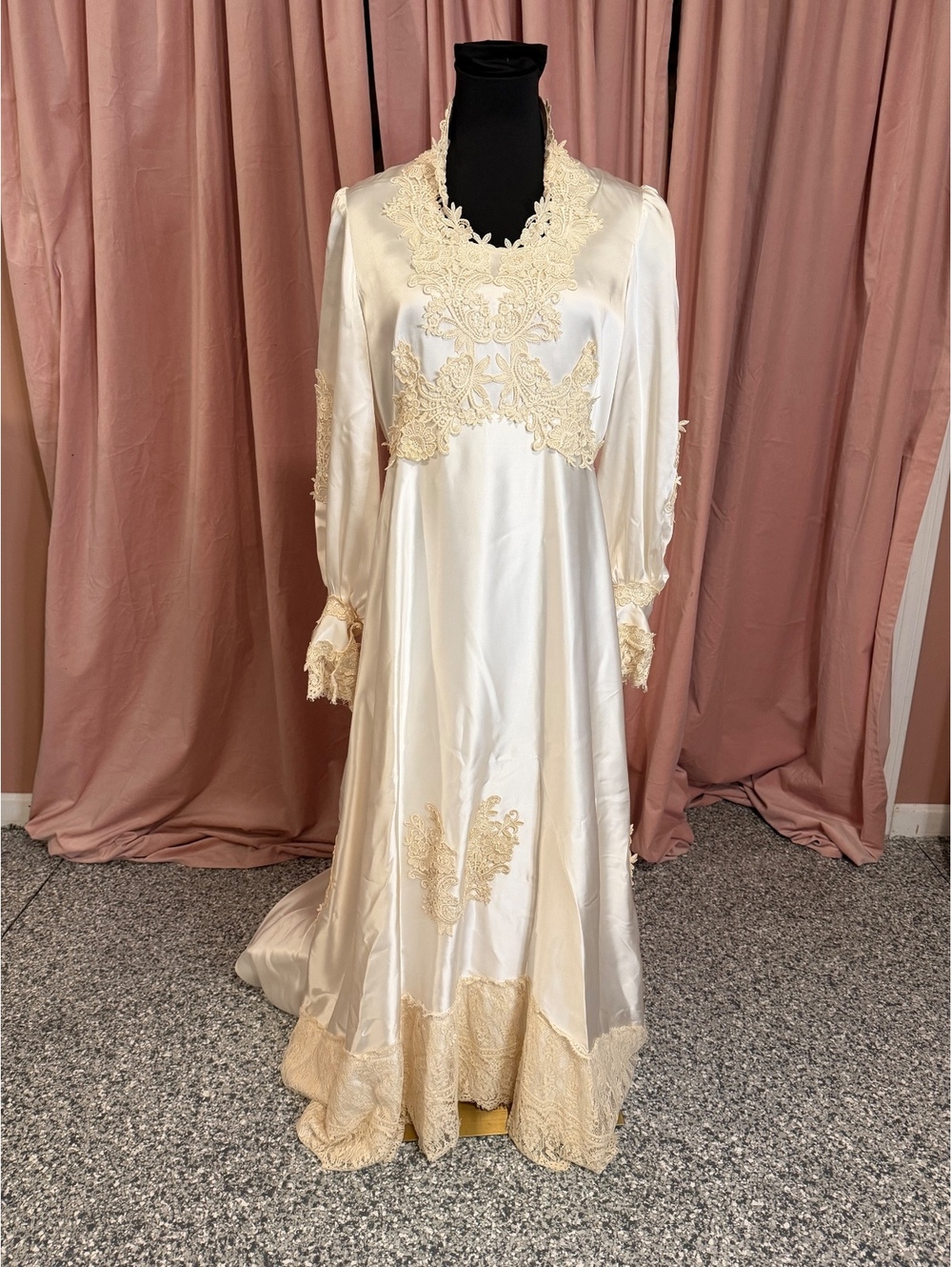 Vintage Ivory Satin Wedding Dress with Lace Trim and Long Train